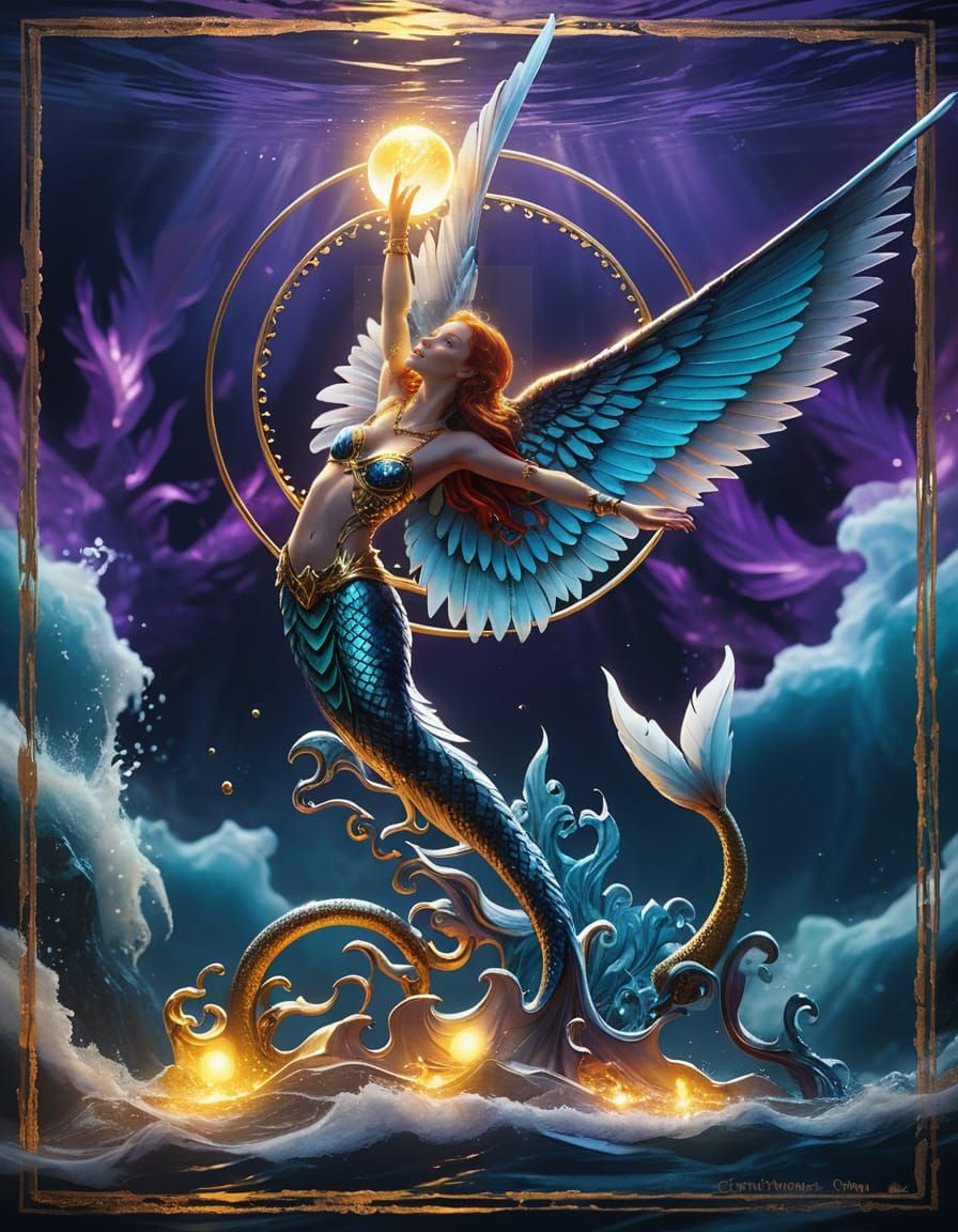 Red-Haired Mermaid with Wings Arising from the Sea