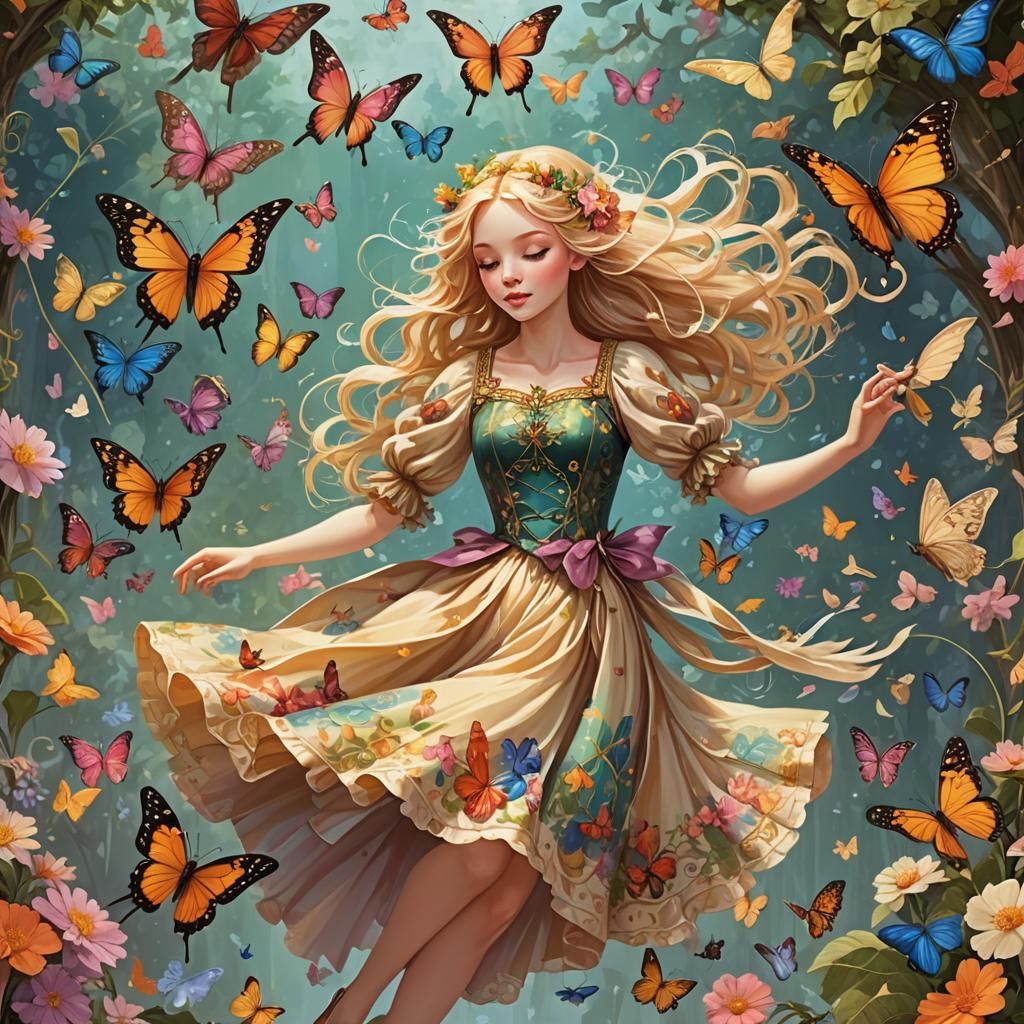 Fairy Girl in Flight with Butterflies, Graffiti Art
