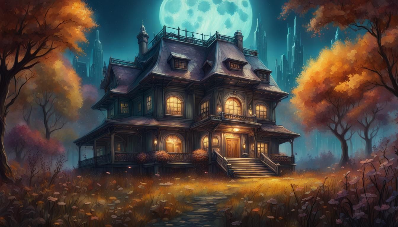 Cyberpunk House in Autumn Fantasy Flower Forest