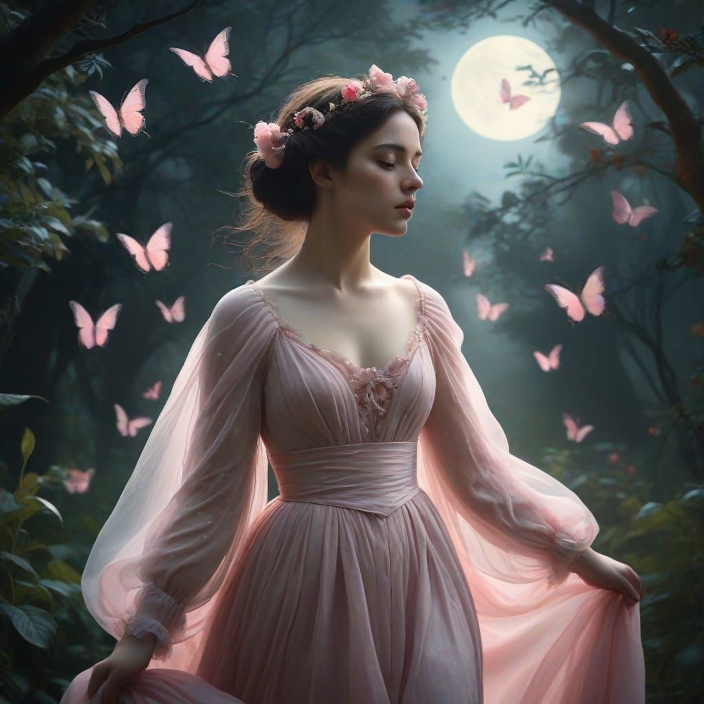 Ethereal Angel in a Gothic Garden Under the Full Moon