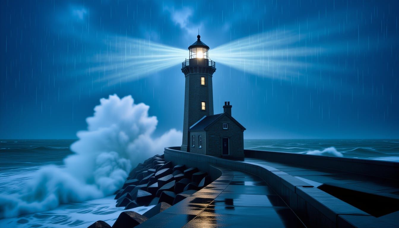 Lighthouse in Rainstorm at Night: Ultrarealistic