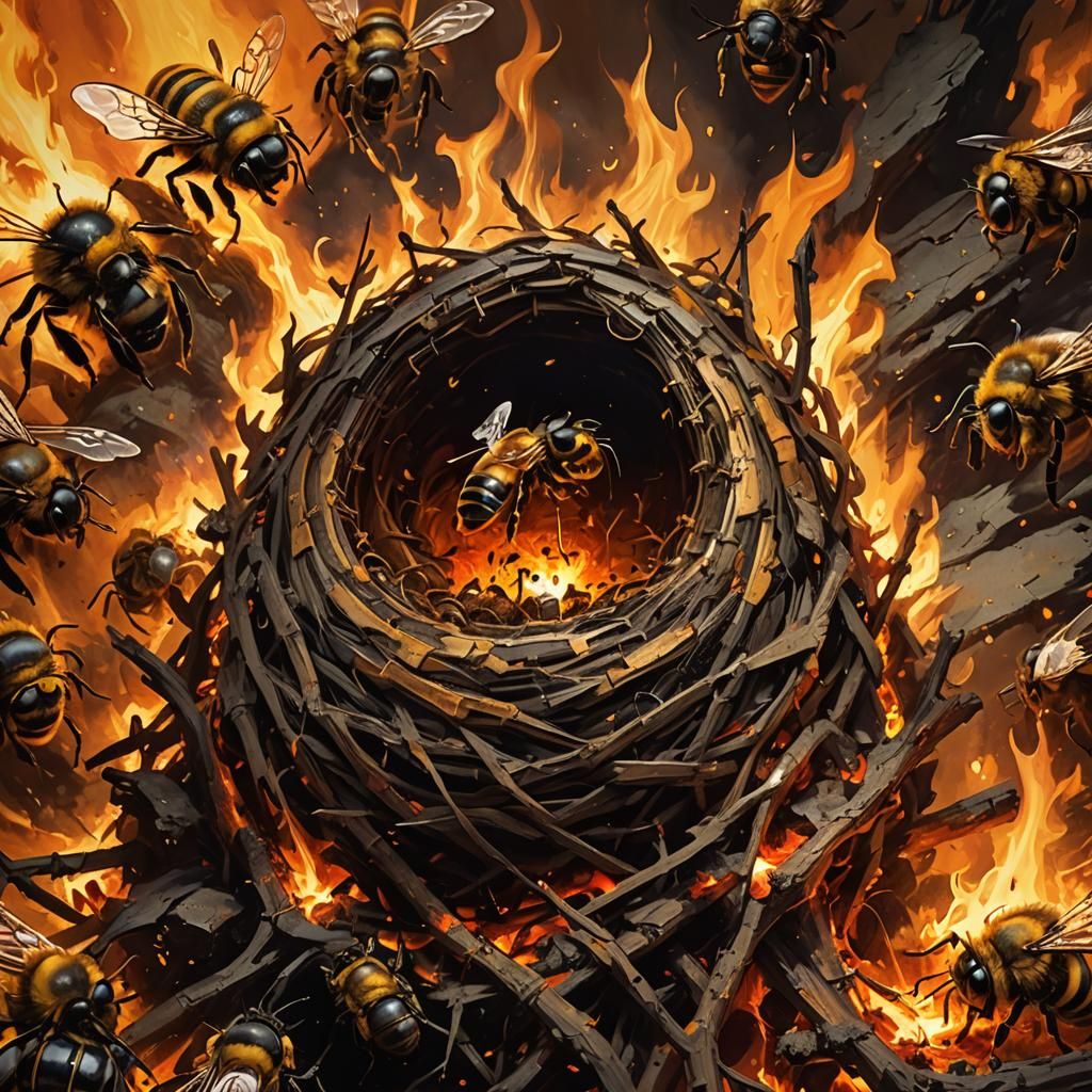 Bee Nest Engulfed in Flames: Dramatic Concept Art