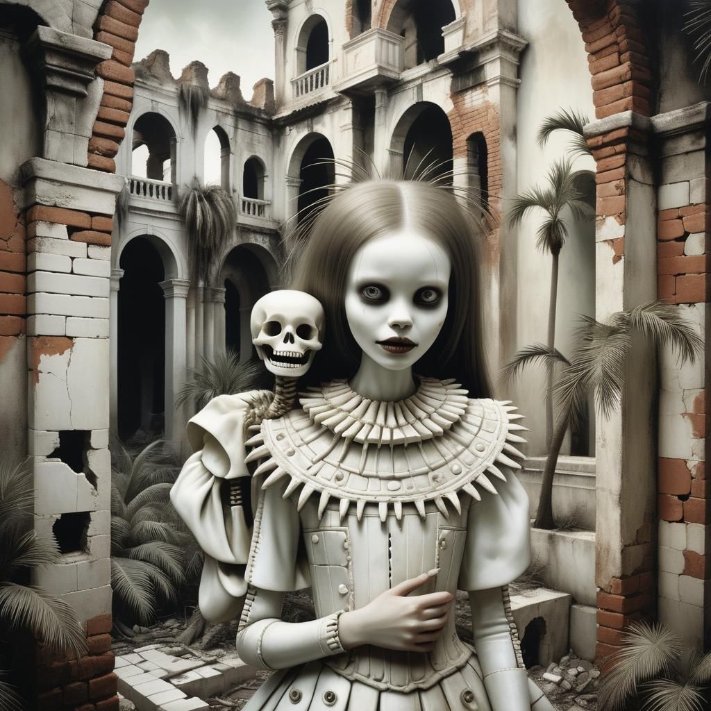 Surreal Vintage Photograph of a Thin Girl in Ruins