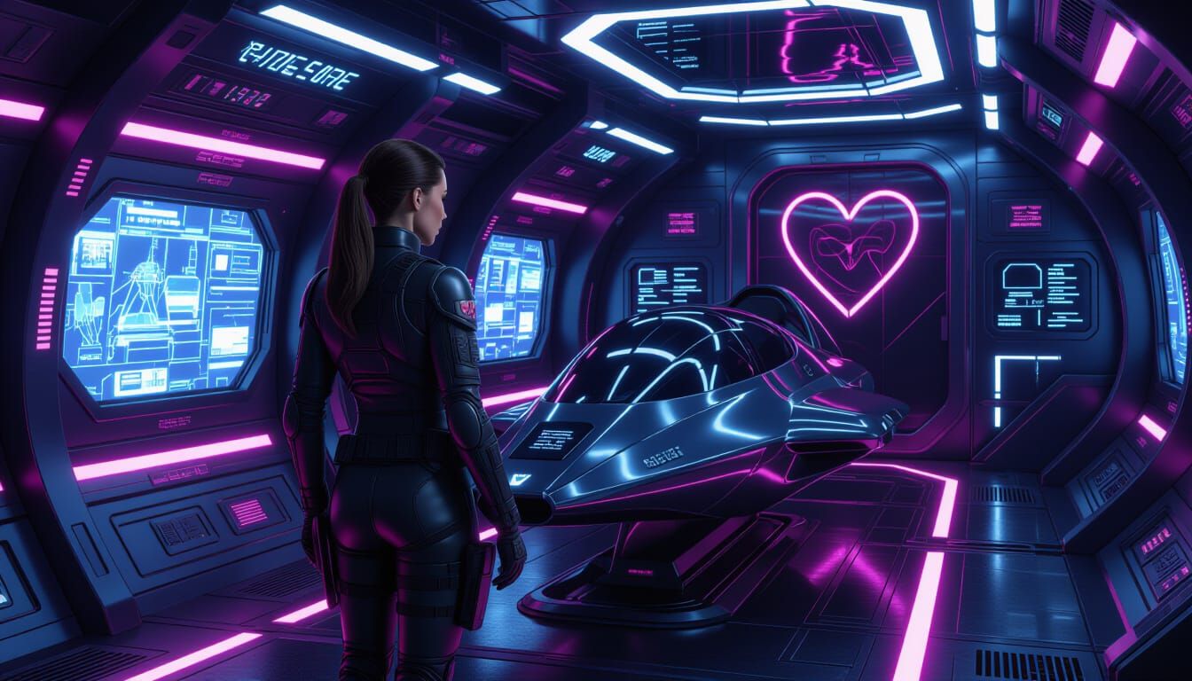 Glamorous Soldier in Futuristic Dropship Interior