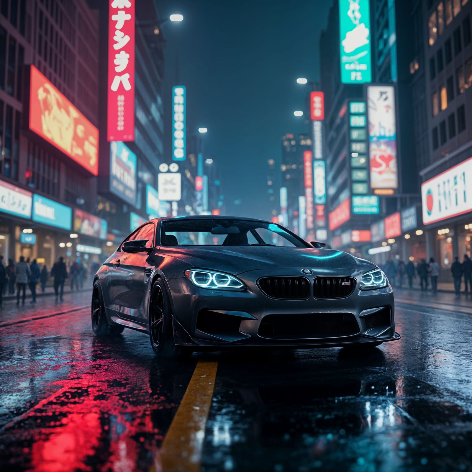 Grey BMW M6 in Cyberpunk Neon Cityscape