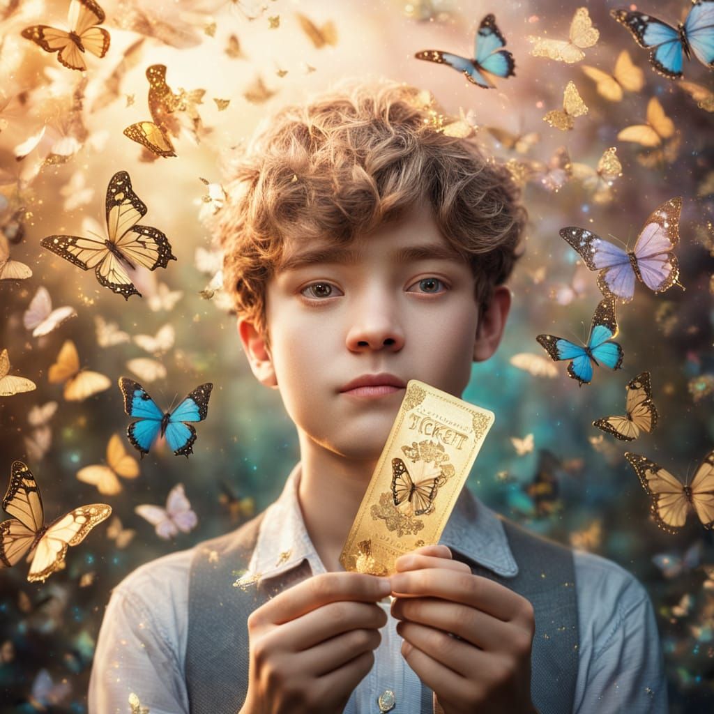 Boy with Golden Ticket in Whimsical Fantasy Style