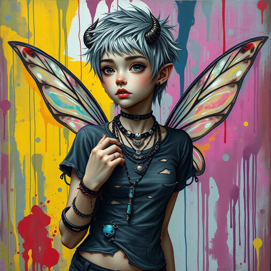 Gothic Fairy Trans Girl in Vibrant Graffiti Art