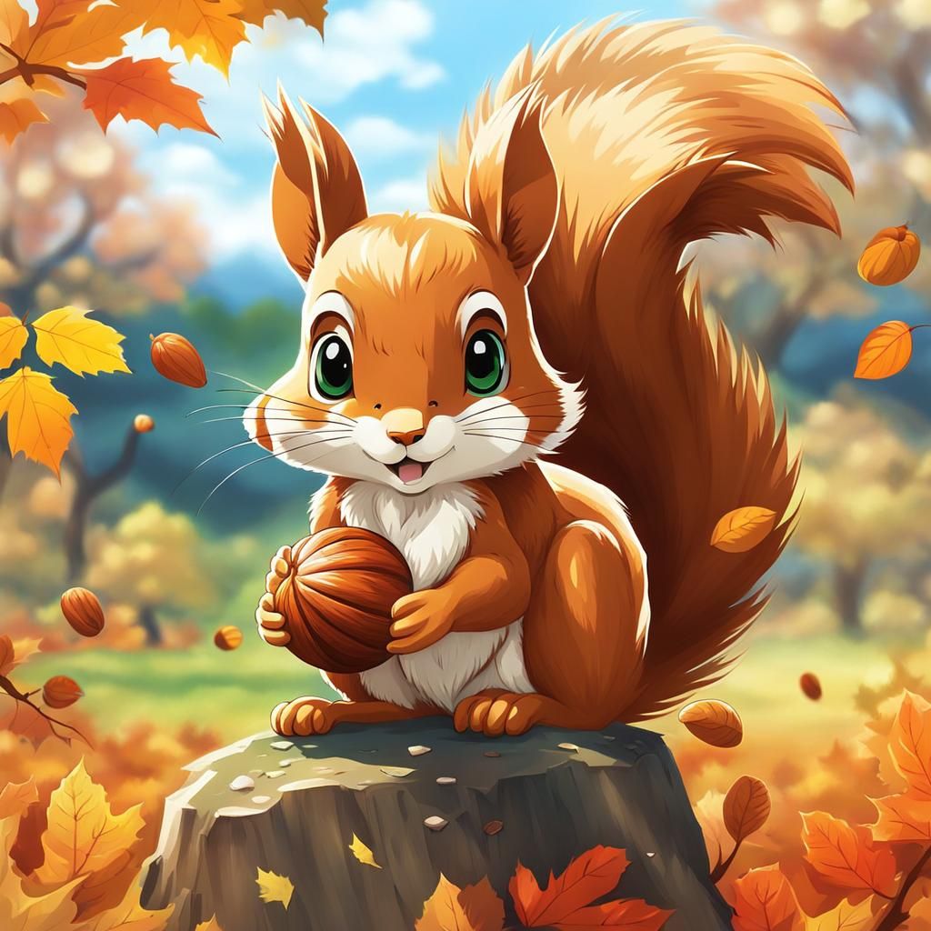 Cute Chibi Squirrel in Anime Style Landscape