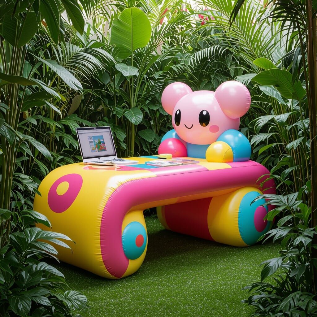Inflatable Desk Surrounded by Lush Greenery, in Pop Surreali...