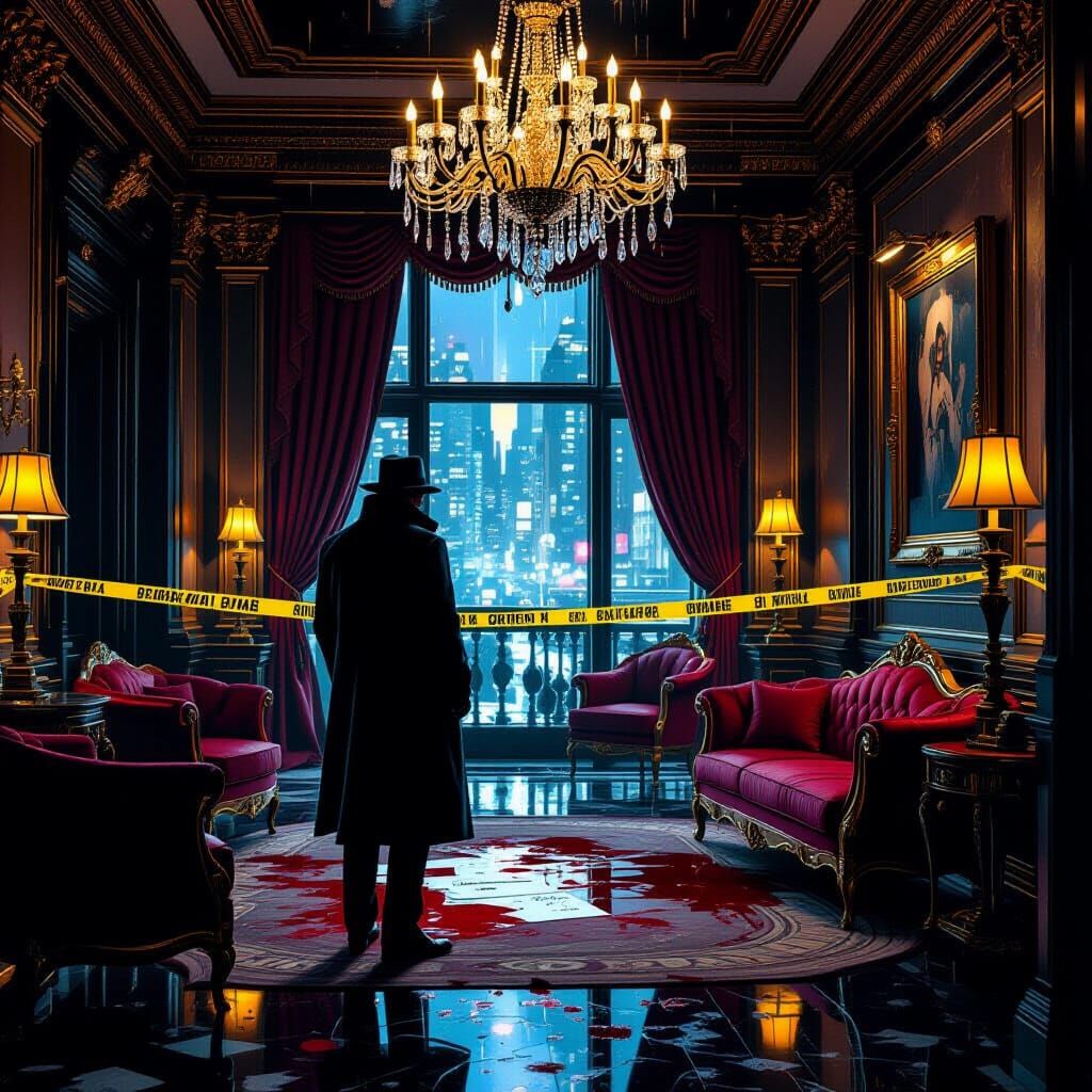 Crime Scene in Luxurious Hotel Suite, Hyperrealistic Style