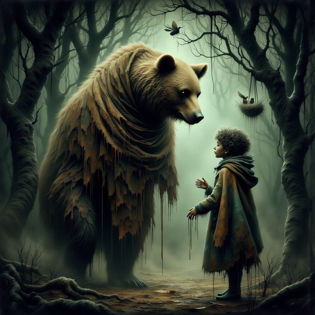 Ethereal Bear and Child Encounter in Gothic Forest