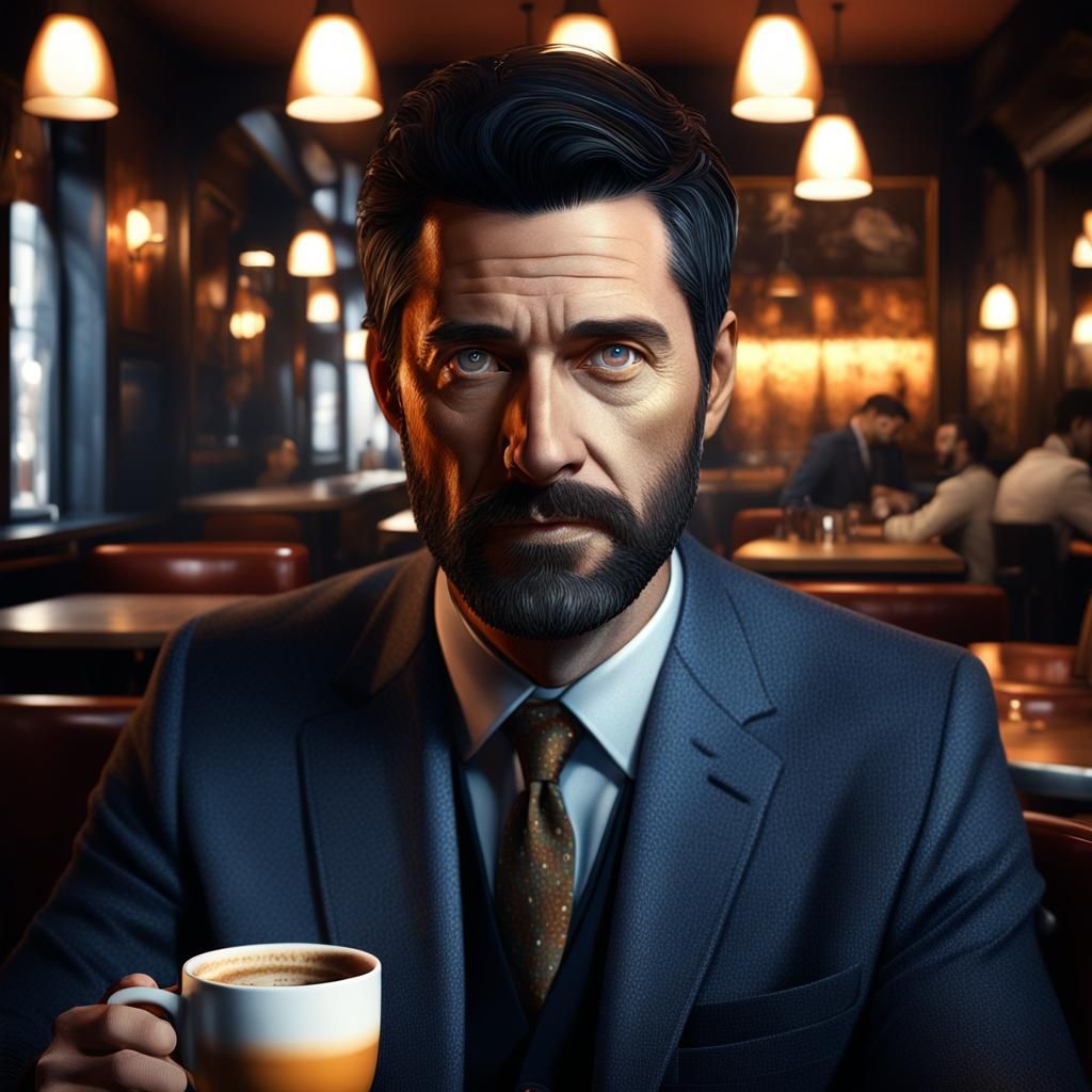 Man in Suit at Café: Hyper-Realistic Concept Art
