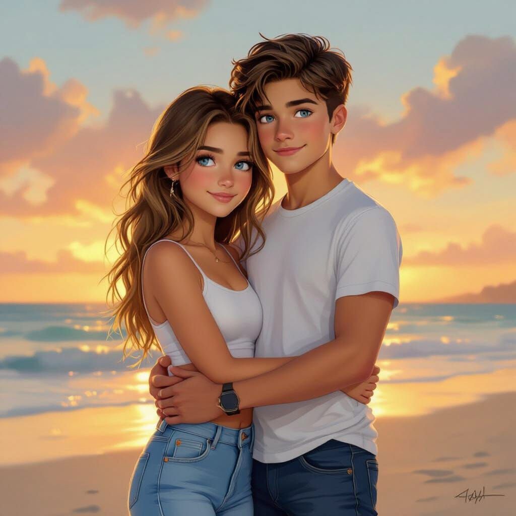 Teenage Embrace on Beach at Sunset