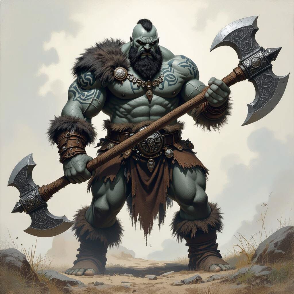Muscular Barbarian Giant with Axe, in Comic Book Style