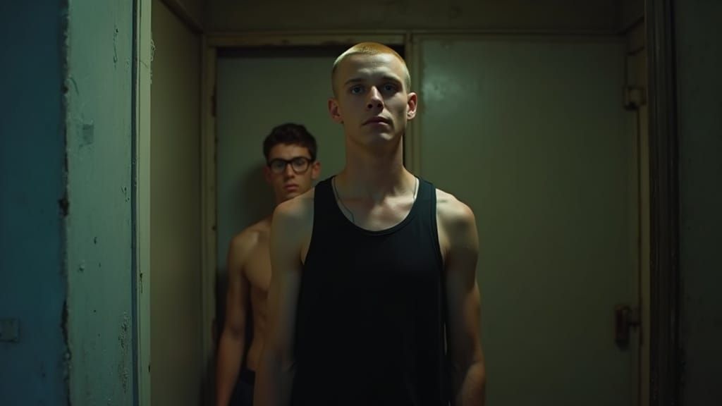 Handsome Blond Man in Seedy Apartment Cinematic Film Still