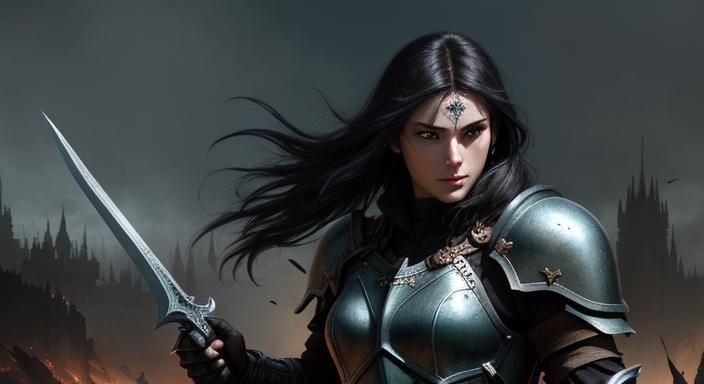 Dark Fantasy Woman Warrior Fighting Orc in Digital Art