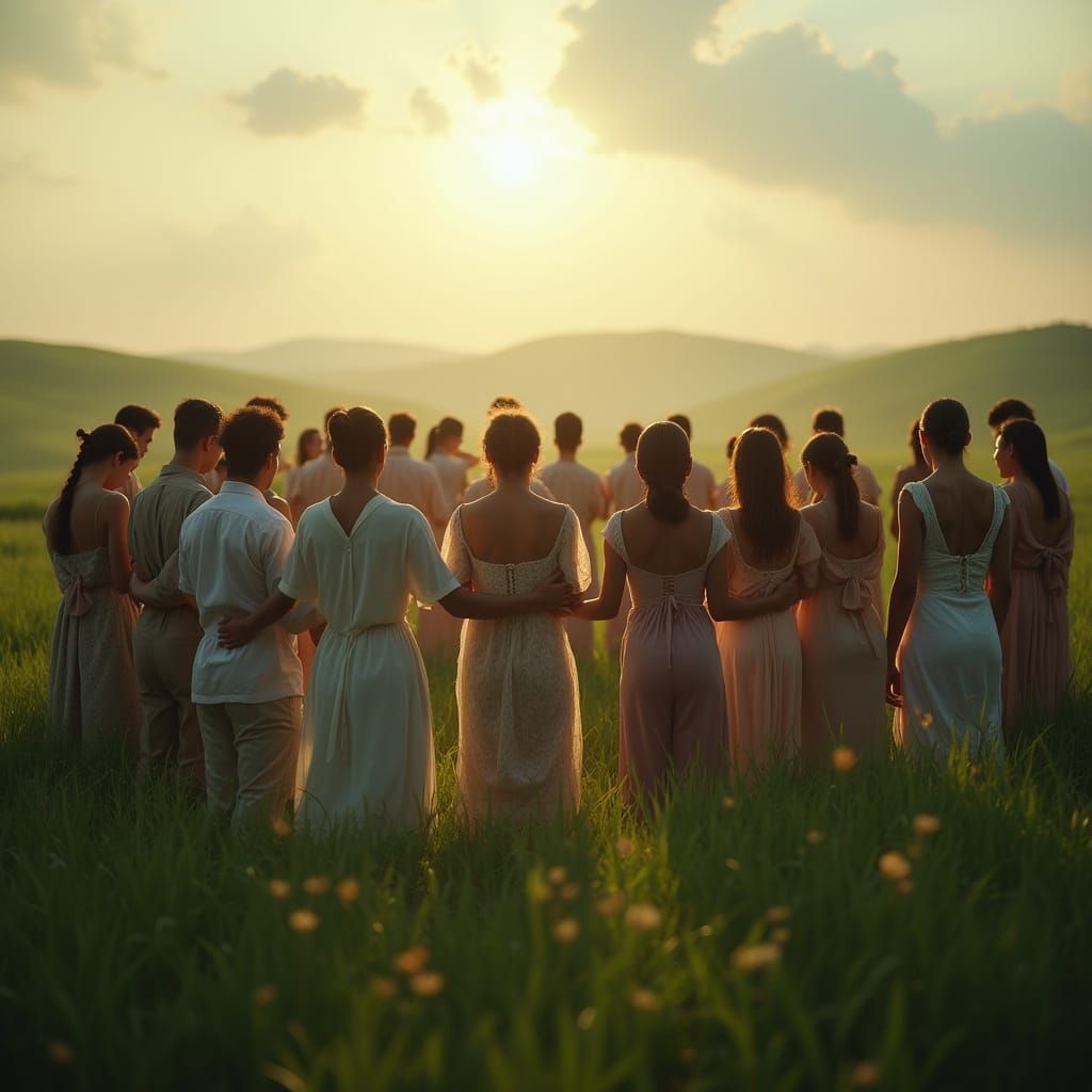 People Praying Together in a Serene Countryside Setting
