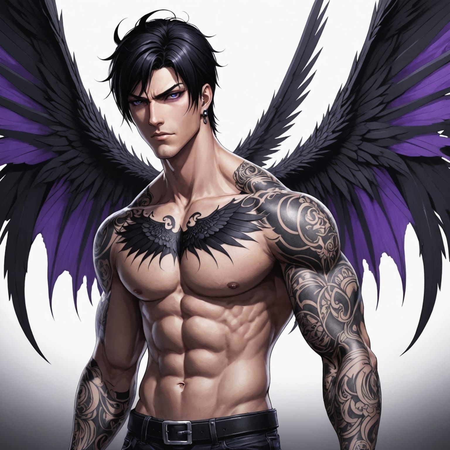 Anime Style: Muscular Male with Black Wings
