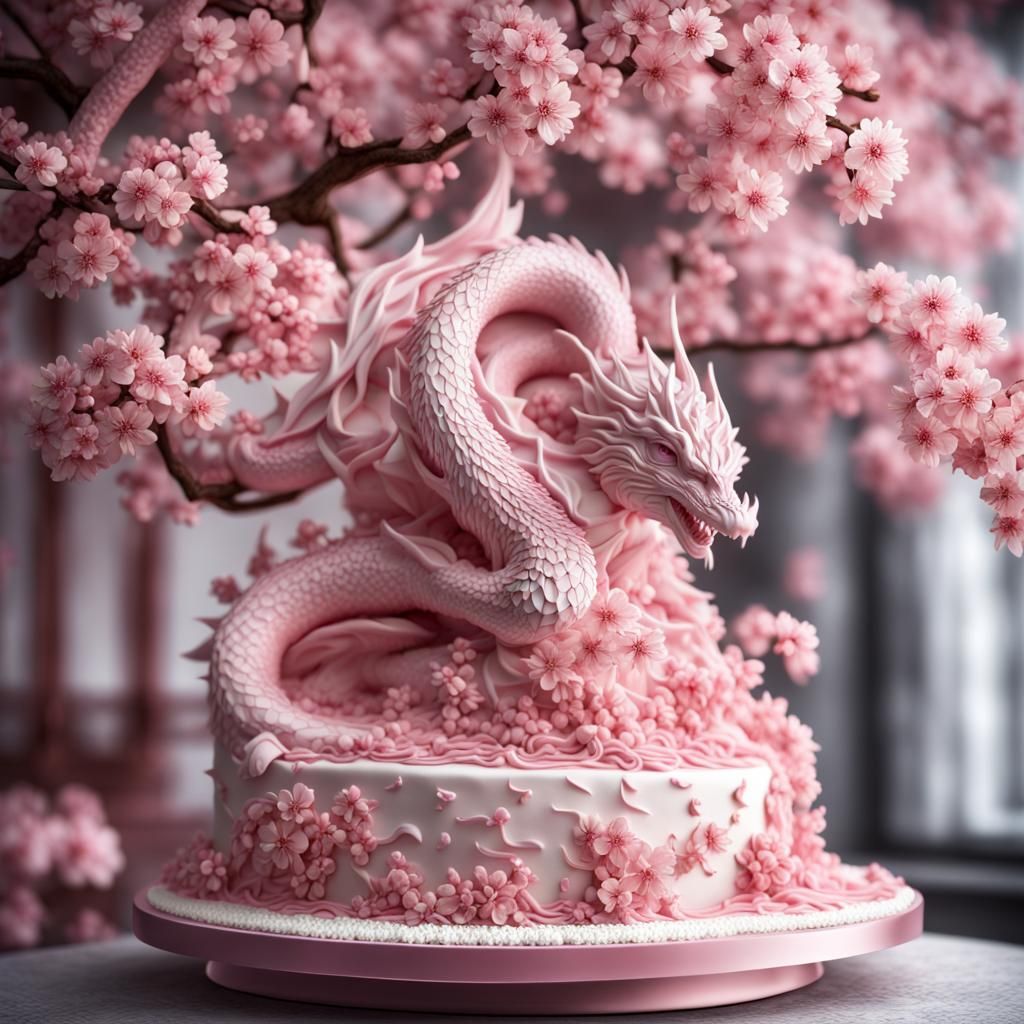 Sakura Dragon Cake Sculpture in Hyperrealistic Style