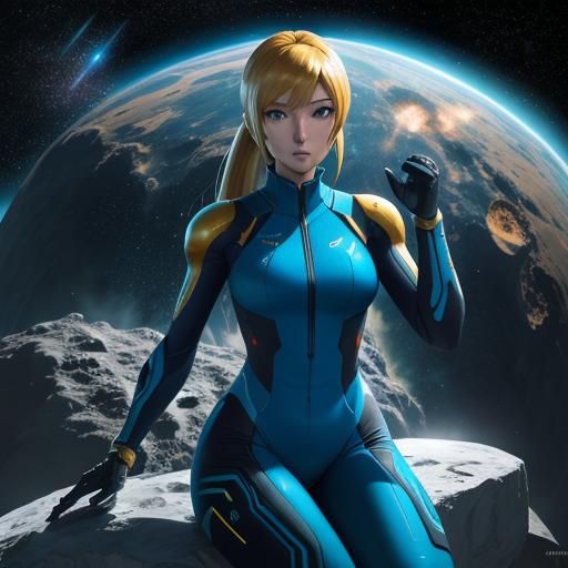 Samus in Zero Suit on Asteroid in 3D Anime Art