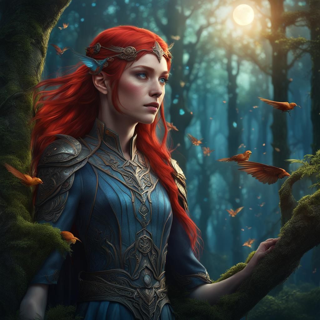 Elven Woman with Bird Wings in Forest