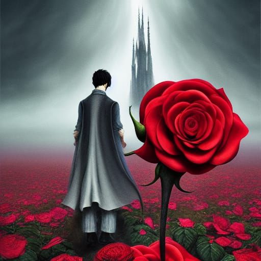 The rose and the dark tower, by Kentaro Miura, Osborne Macharia, Junji Ito, and Gerhard Richter, hyperdetailed, trending...