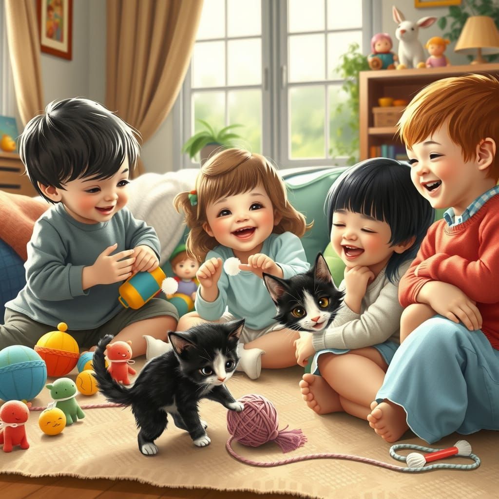 Children and Tuxedo Kitten Play in Cozy Living Room