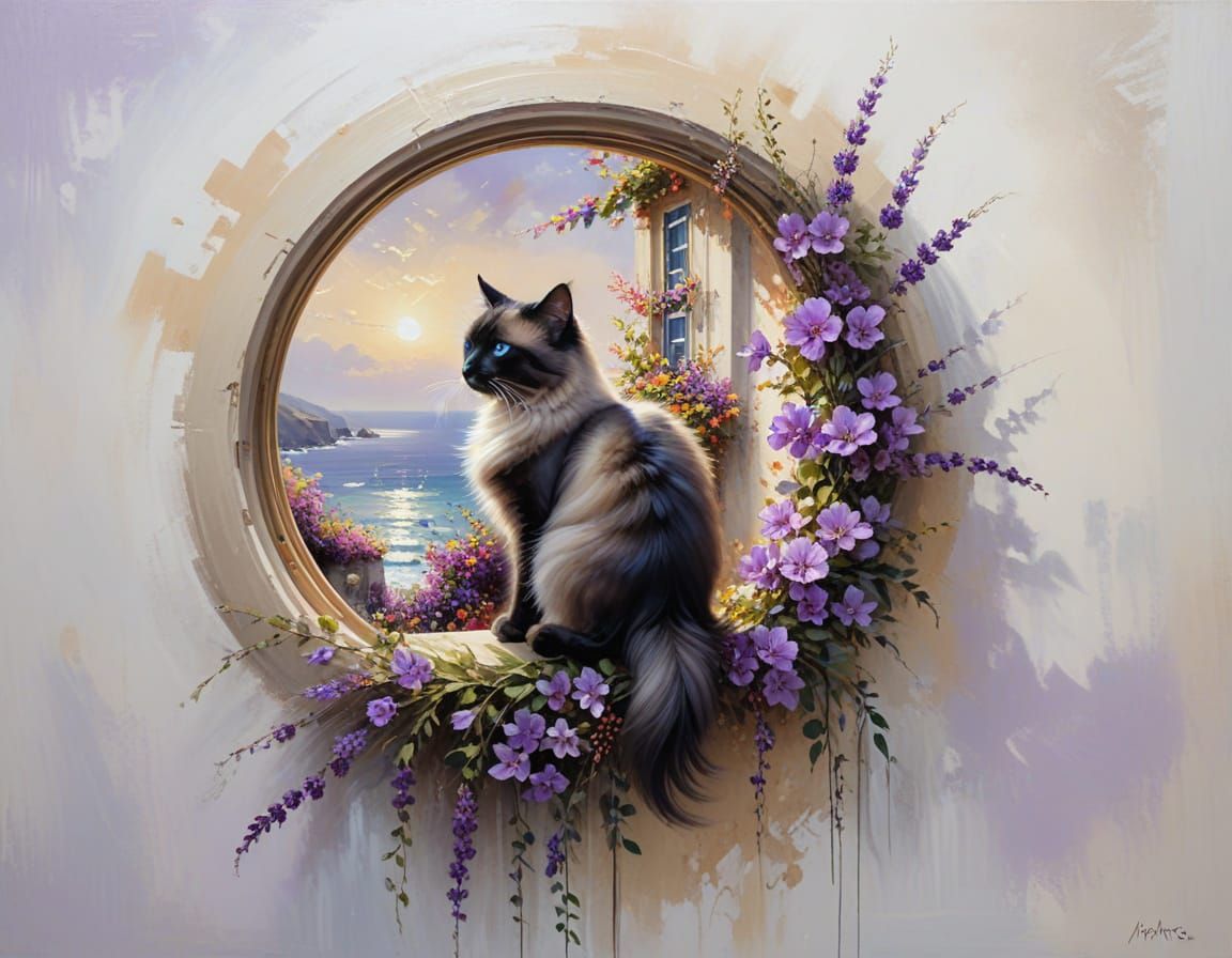 Siamese Cat Overlooking Ocean in Oil Painting Style
