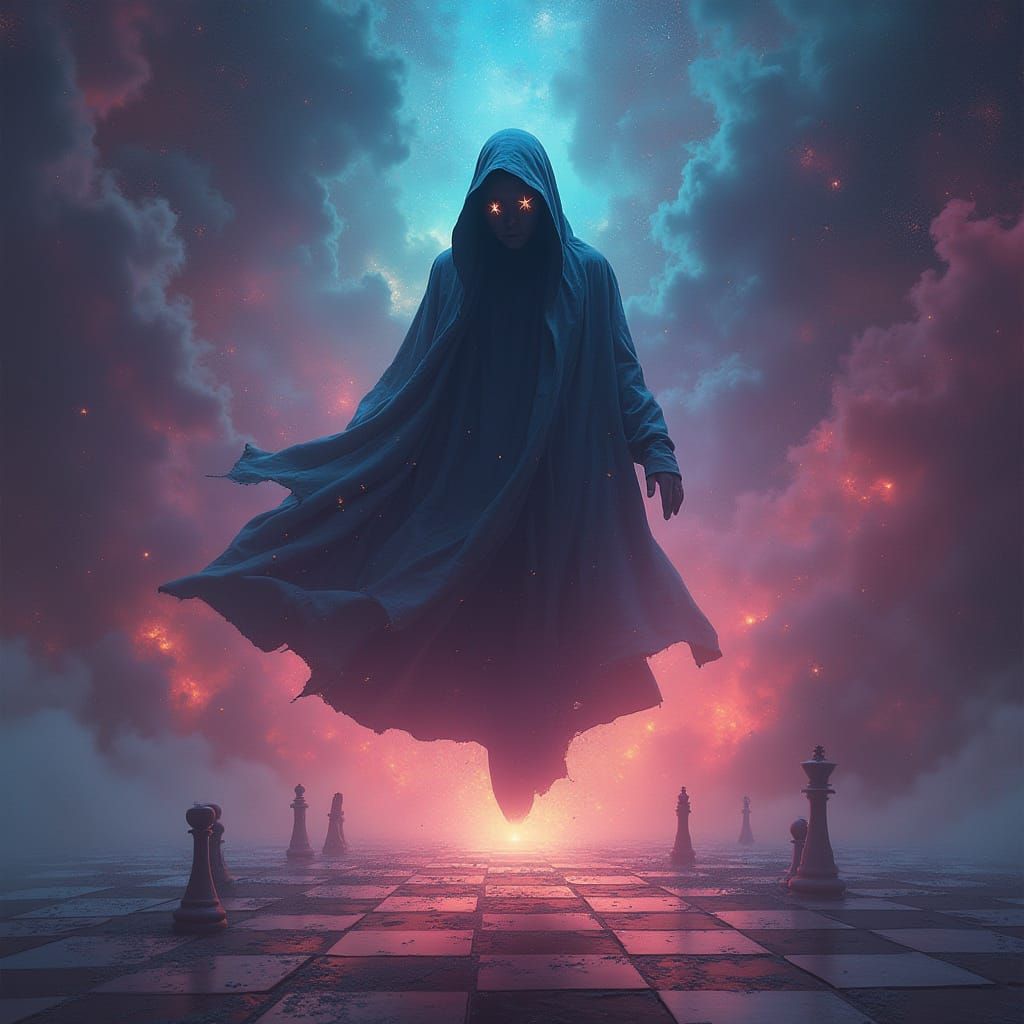 Mystical Figure Floating Above Cosmic Chessboard