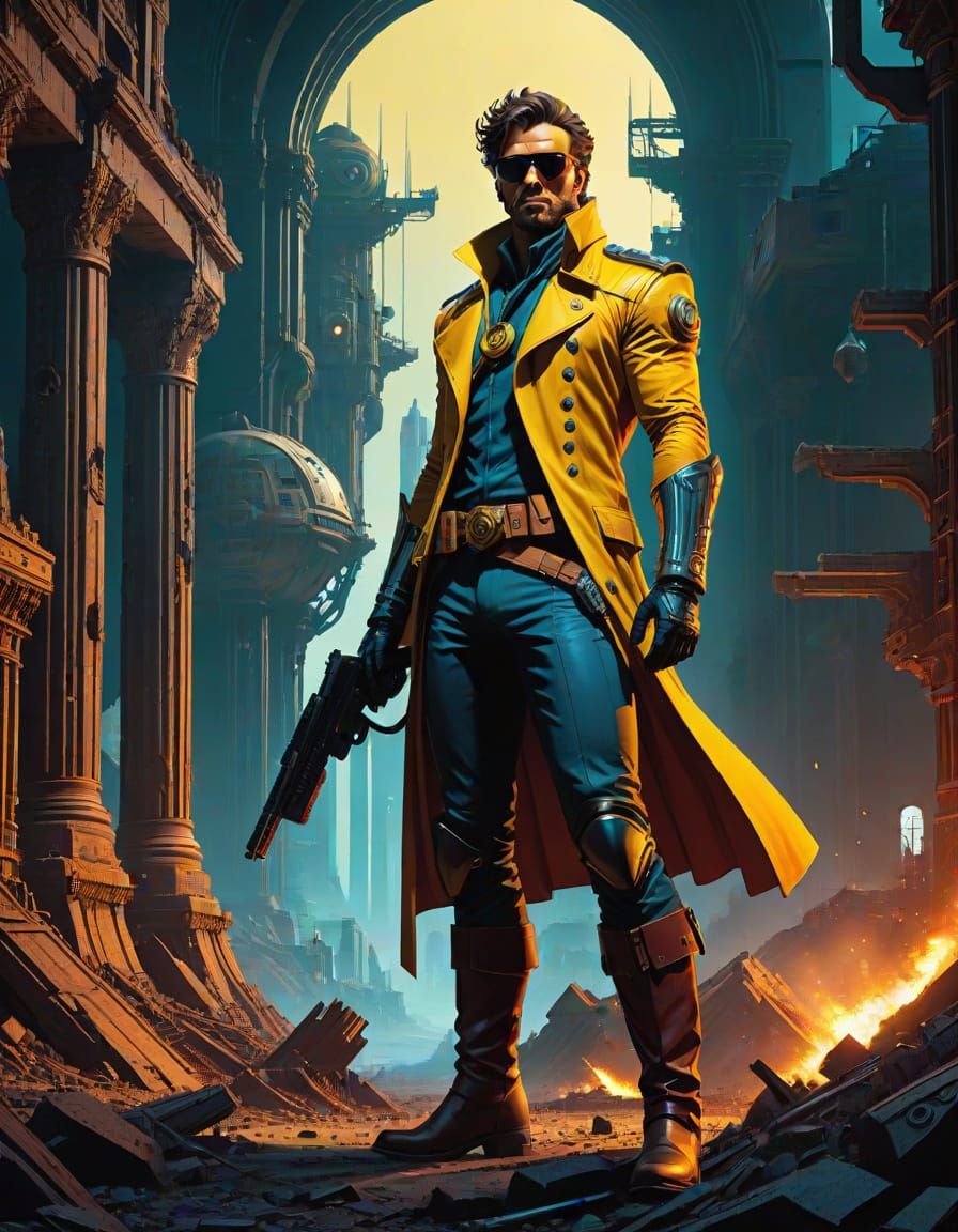 Cyberpunk Space Cowboy in Alien Ruins