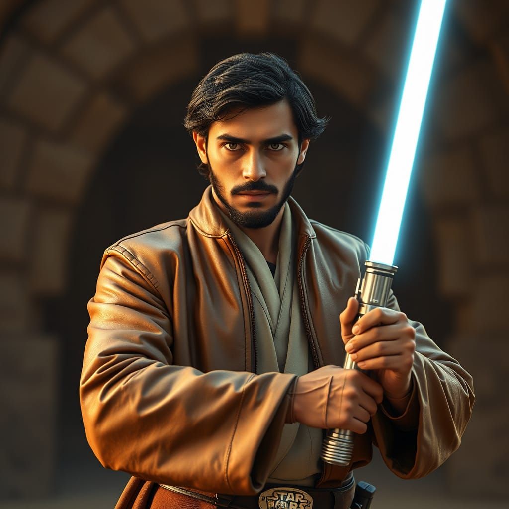 Cinematic Jedi Warrior with Lightsaber and Blaster