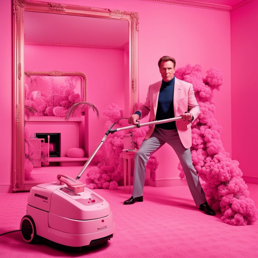 Arnold schwarzenegger with a hoover as weapon in a pink room