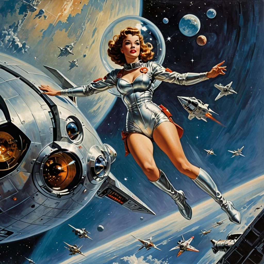 Woman in Space Near Spaceship, Movie Poster Art