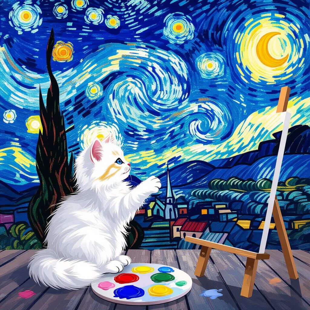 Kitten's Starry Night: A Manga-Style Recreation