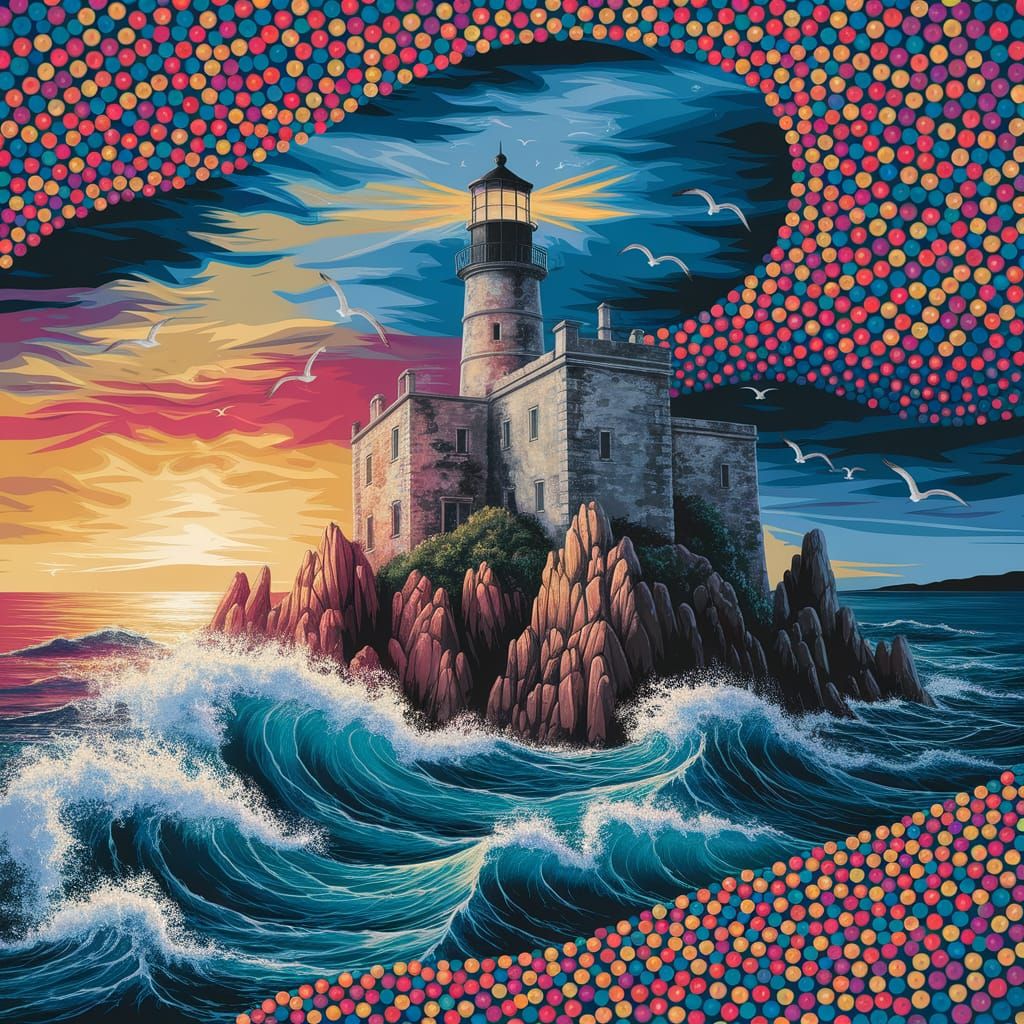 Lighthouse in Gouache Painting with Polka Dot Paint