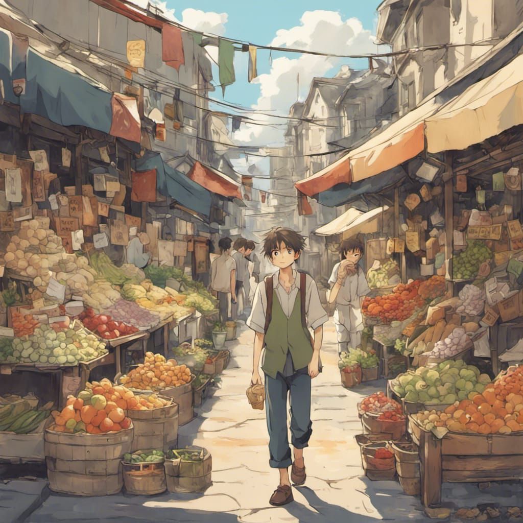 Anime Boy at Street Market in Ghibli Style