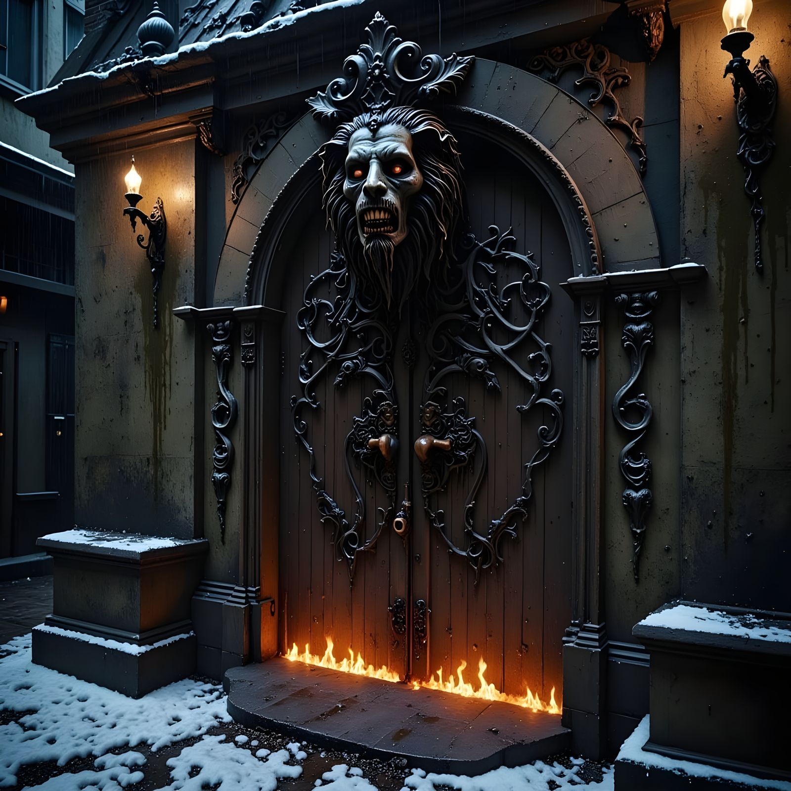 Ornate Gothic Cellar Door on Snowy Evening