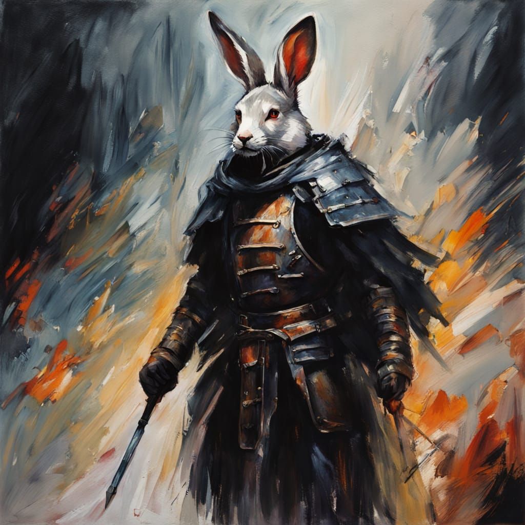 Menacing Rabbit Warrior in Black Armor, Dark Fantasy Gouache