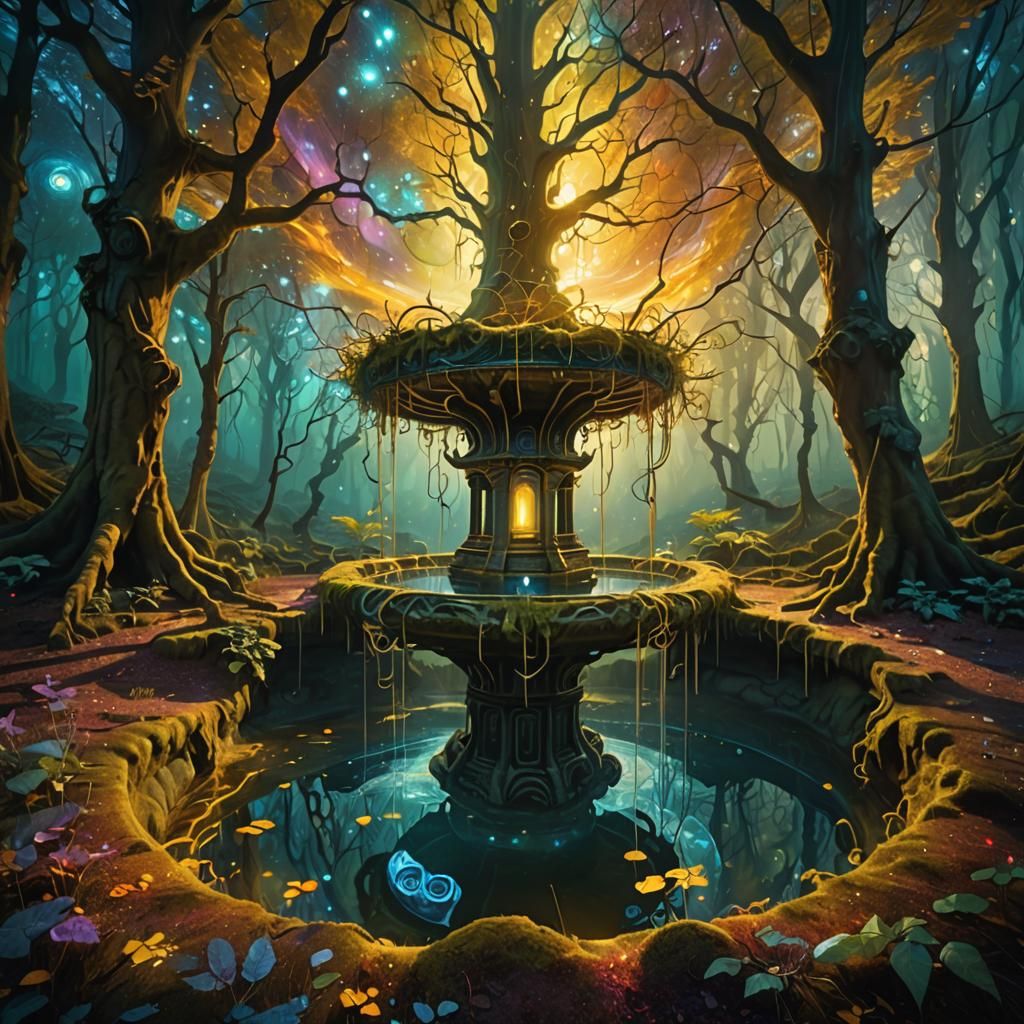 Ethereal Well in Mystical Forest: Surreal Digital Art