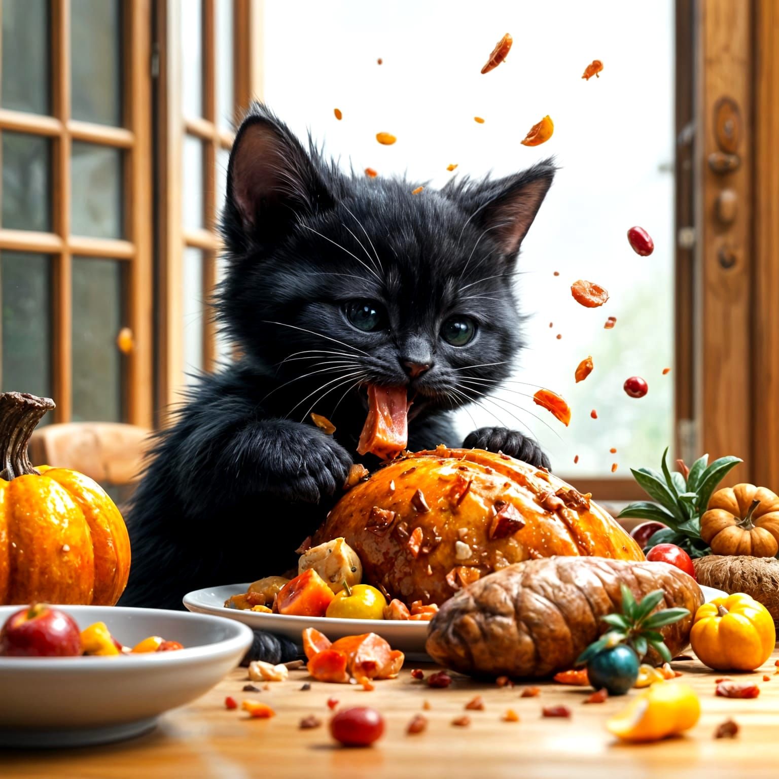 Chibi Kitten Ruins Thanksgiving Dinner in Gouache Style