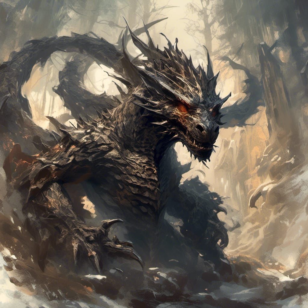 Ferocious Black Dragon Stares Intensely: Hyperdetailed Art