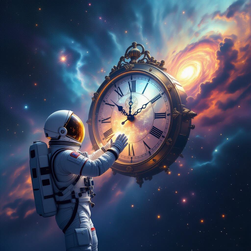 Astronaut Reaching for Time in Cosmic Void