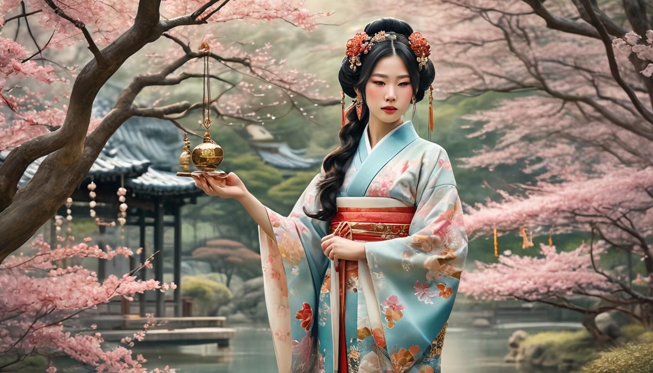 Serene Japanese Priestess in Watercolor Garden