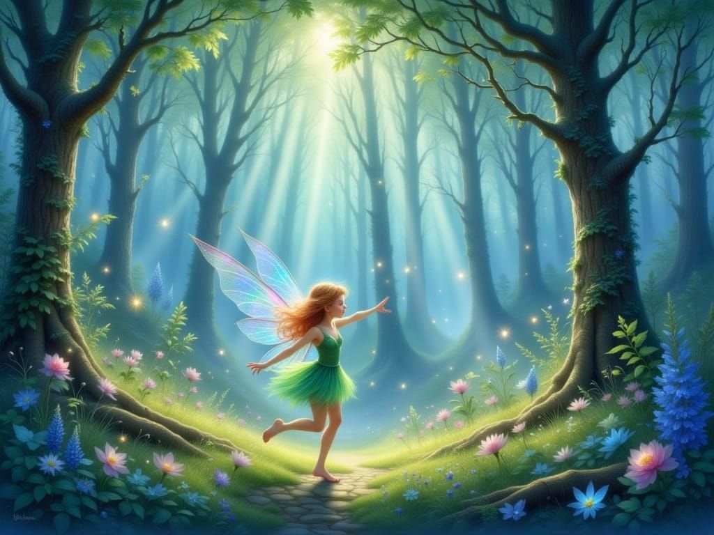 Playful Pixie Dances in Misty Twilight Forest