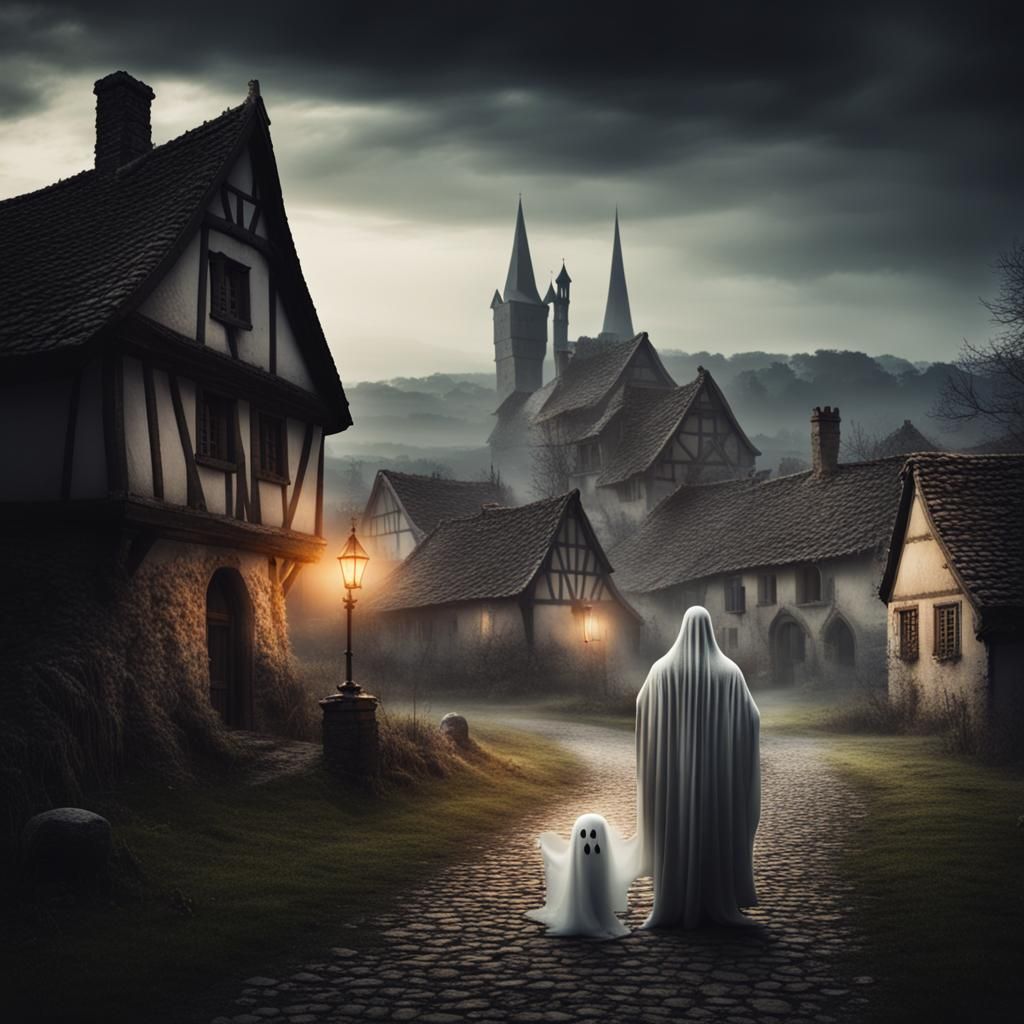 Eerie Ghosts Haunt Medieval Village Scene