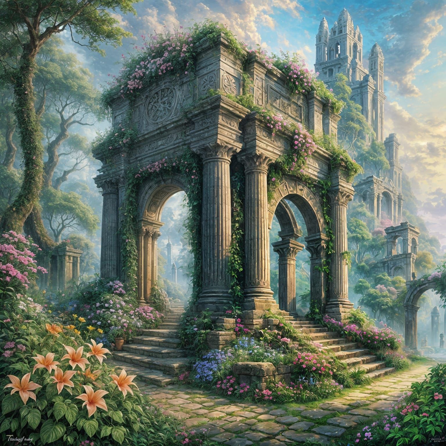 Ancient Ruins with Tropical Flowers and Celtic Symbols