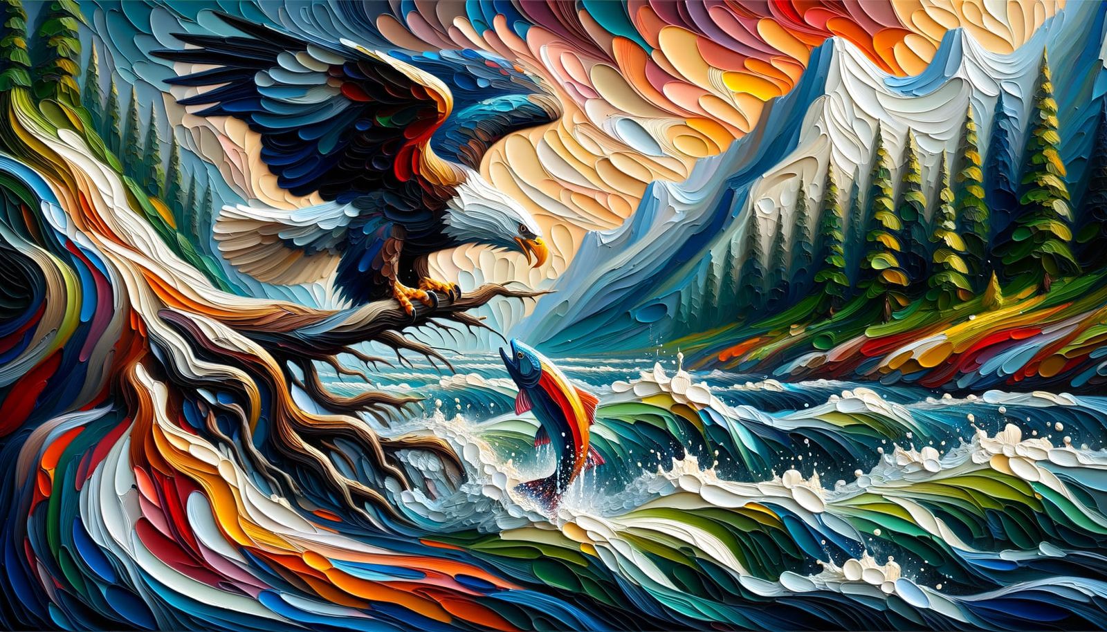 Bold Eagle Surveys Salmon's Thrilling Leap in Impasto Oil Pa...