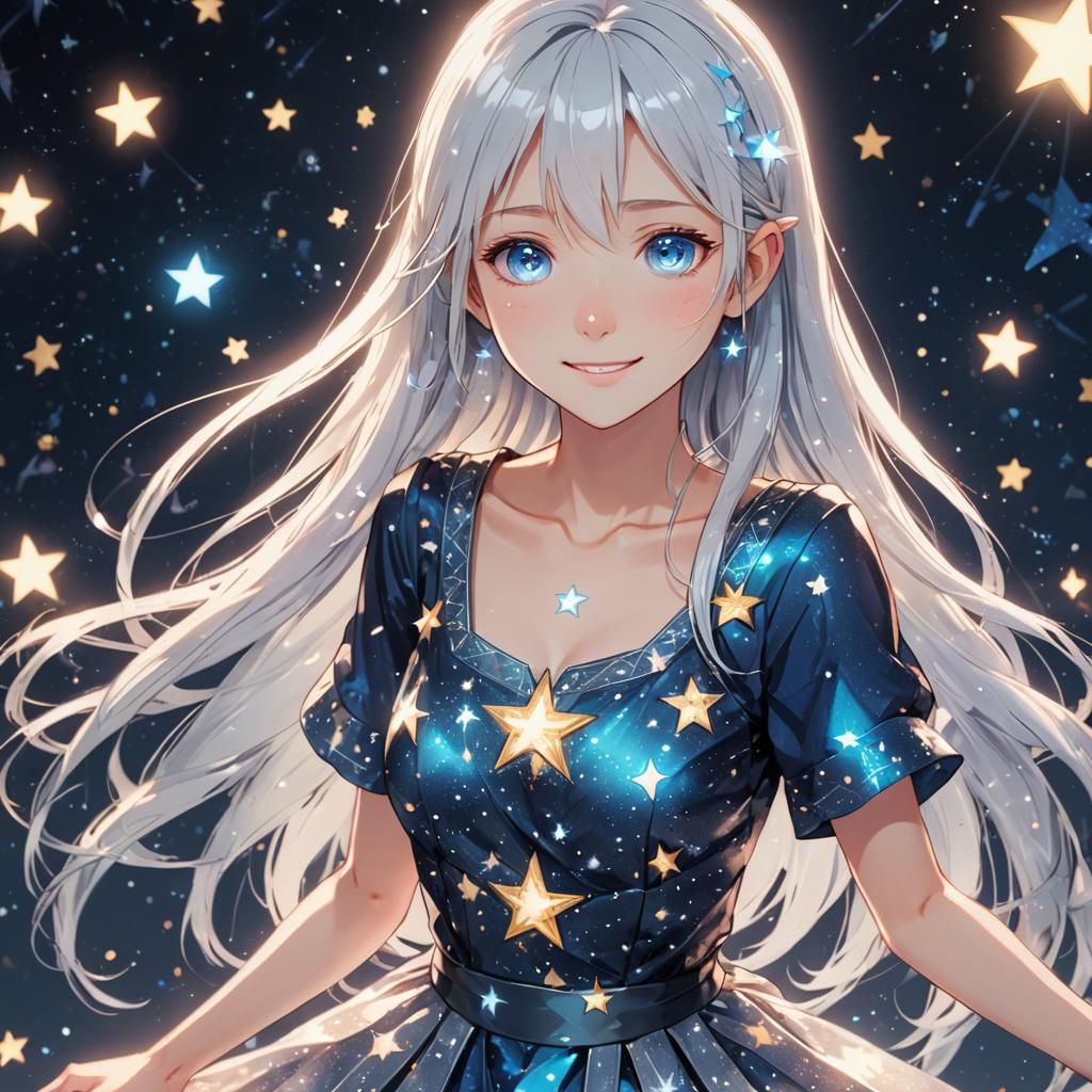 Anime Girl Holding Stars in Shimmering Dress
