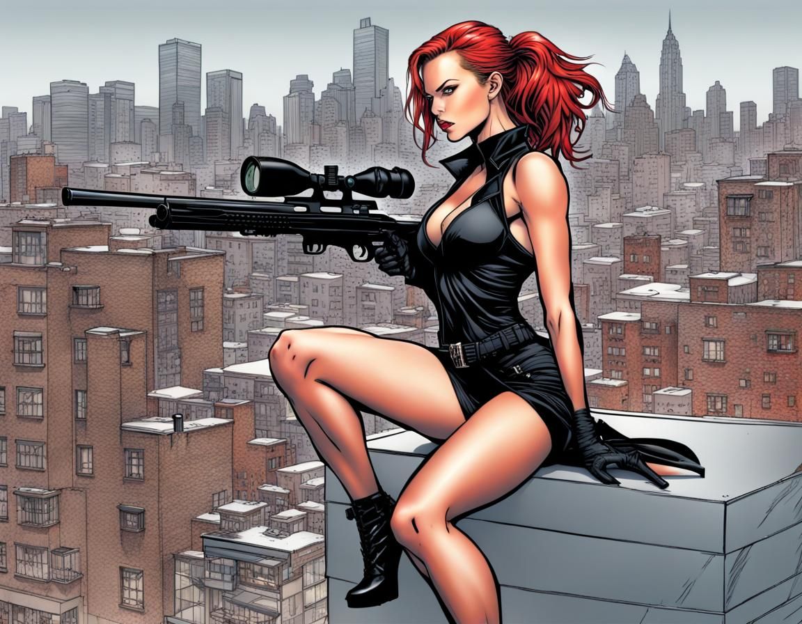 Woman Sniper in Pen and Ink Style