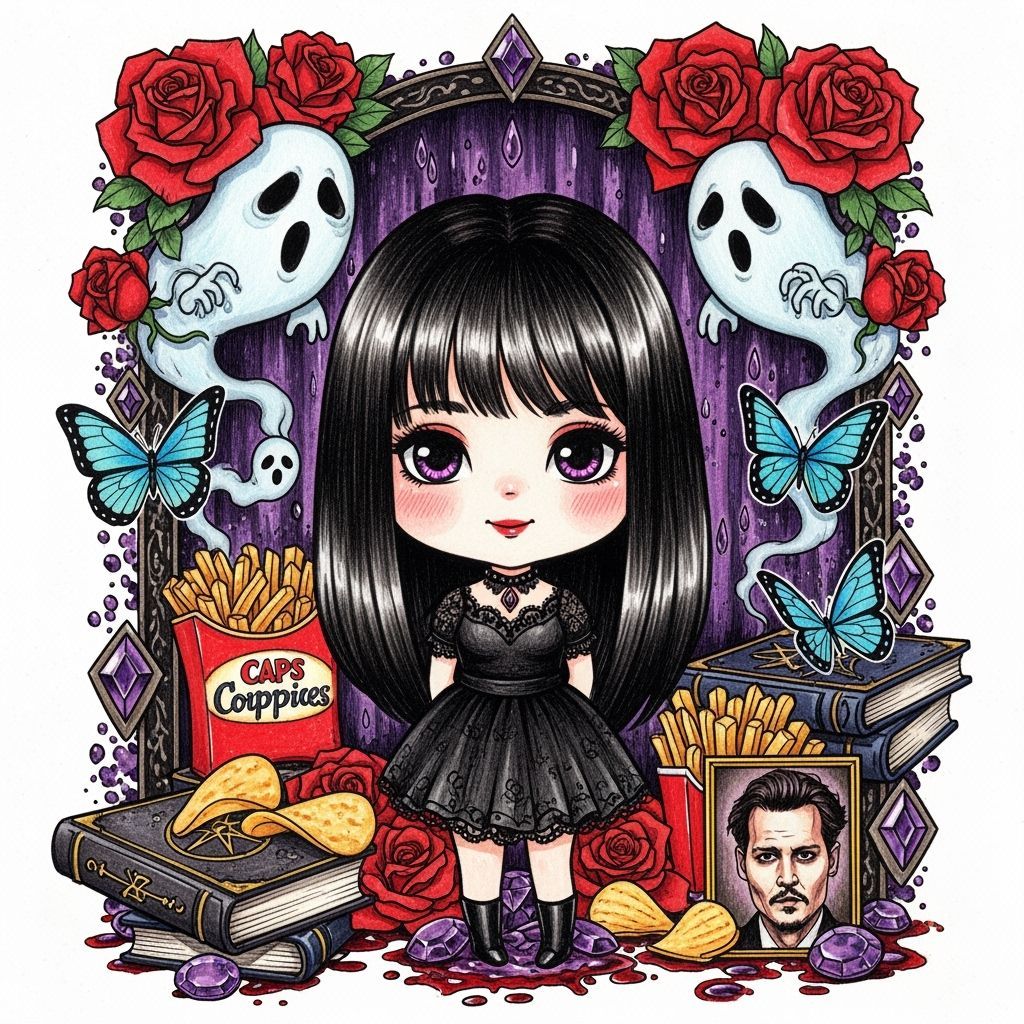 Chibi Goth Girl Surrounded by Roses and Ghosts
